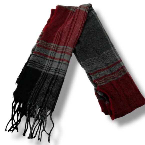 Macy's Black Red Gray Plaid Winter Scarf Rectangle Oblong Men's Unisex - Picture 1 of 7